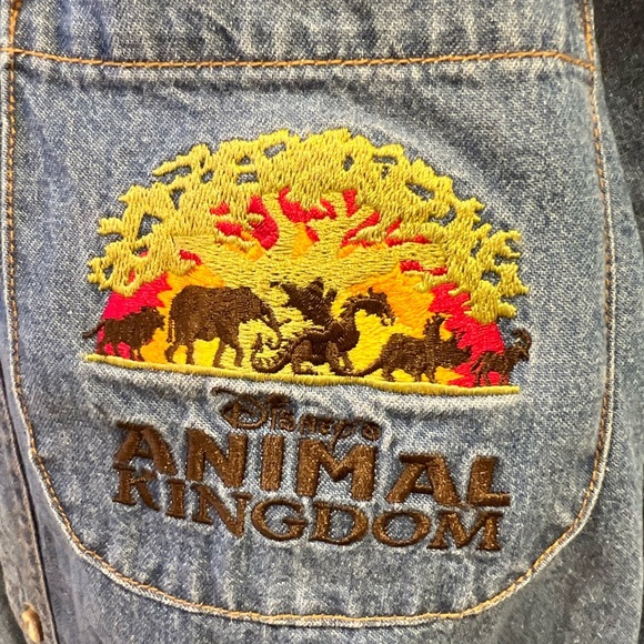 VINTAGE 90s DISNEY WORLD Animal Kingdom Embroidered Denim Button-Up - Picture 2 of 4